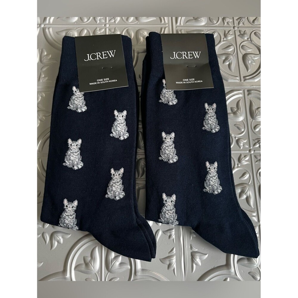J Crew Men's Cats Graphic Allover Print Socks Holiday Blue Cotton Blend Set of 2